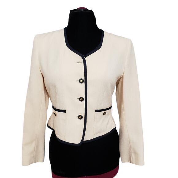 Vintage Kasper Pale Yellow Black Trim Suit Jacket Career Blazer 8P Corpcore - Picture 1 of 13